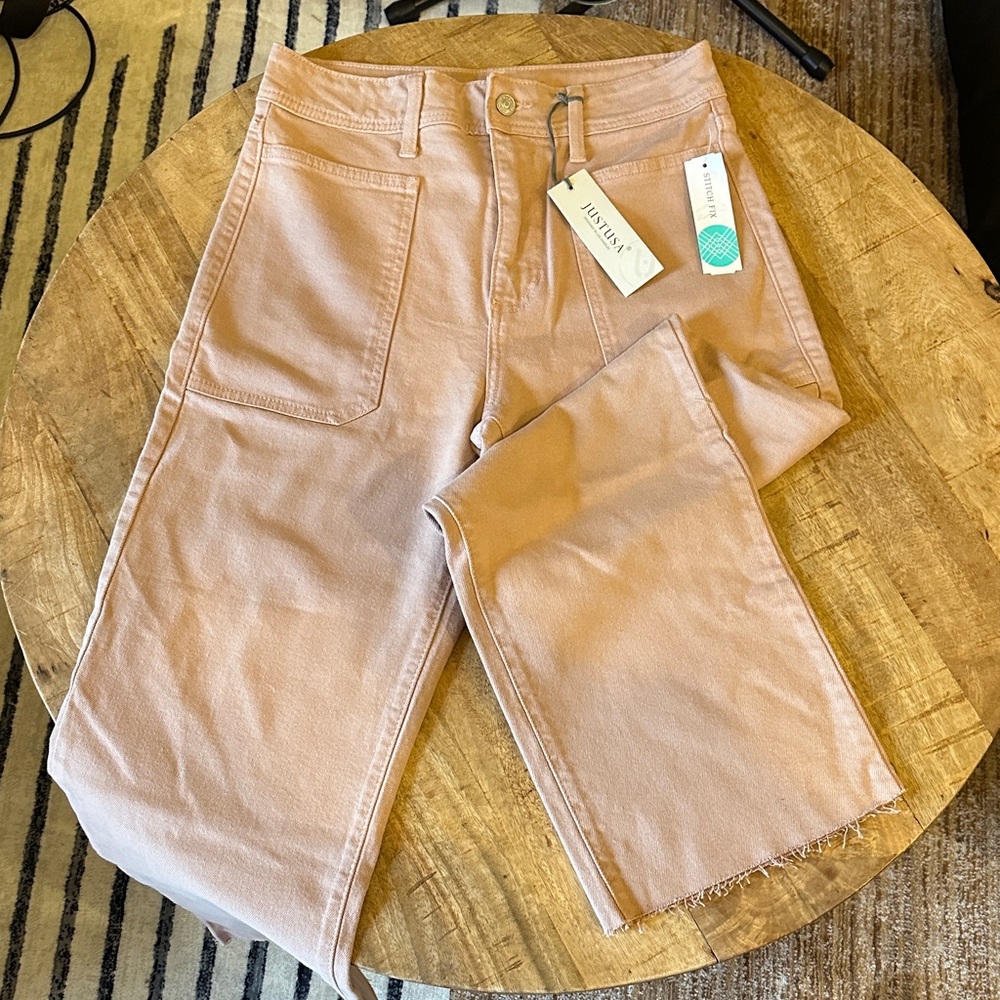 High-Rise Straight Jeans in Dusty Rose - Utility Pocket Detail
